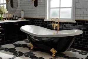 AI generated Art Deco-style bathroom, featuring black and white marble tiles photo