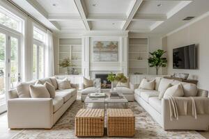 AI generated A transitional-style living room, featuring a blend of traditional photo