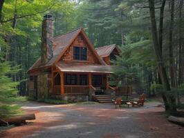 AI generated A Cape Cod-style house nestled within a dense forest of pine trees and fragrant cedars photo