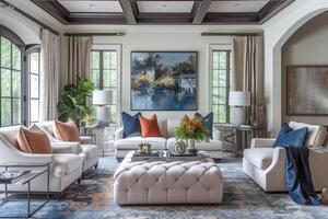 AI generated A transitional-style living room, featuring a blend of traditional photo