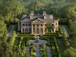 ai generado un majestuoso estilo georgiano señorío casa situado en un desmadejado bienes, con cuidado jardines foto