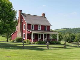 AI generated A sprawling Cape Cod-style farmhouse surrounded by rolling hills and acres of farmland photo