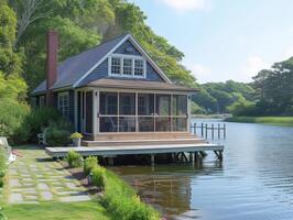 AI generated A Cape Cod-style cottage nestled along the banks of a scenic canal photo