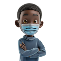 AI generated 3d small black boy wear face mask png isolated on transparent background