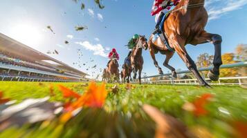 AI generated Intense horse race  view from below captures exciting gambling action at jorsse competition photo