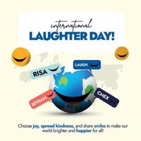 International moment of Laughter day.14th April World Laughter day social media post with silhouette world map, earth globe with bid smile, yellow smiling emojis and laugh in different languages. vector