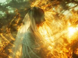 AI generated Character, flowing white robe, mysterious aura, discovering parallel universe memories, surreal setting, digital art, golden hour lighting, double exposure effect photo