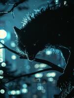 AI generated Chupacabra, sharp fangs, nocturnal bloodsucker, blending into urban cityscape, moonlit night, 3d render, silhouette lighting, depth of field bokeh effect photo