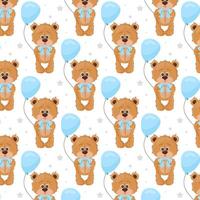 Baby seamless pattern. Pattern with cute teddy bear and balloon in flat style for boy. Seamless pattern for textile, wrapping paper, background. vector