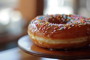 AI generated Close-up of a caramel donut with sprinkles, dessert, sweet, pastry, sugar, snack, glaze and colorful on a wooden plate photo