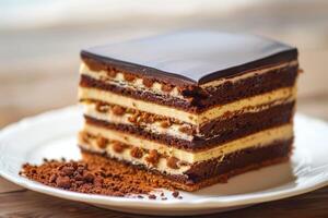 AI generated Gourmet Opera cake with chocolate layers and coffee flavor on a white plate photo