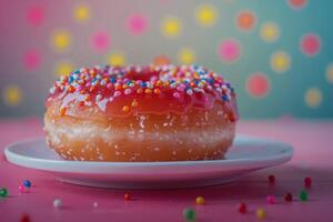 AI generated Colorful glazed donut with sprinkles on a plate is a sweet and sugary dessert treat photo