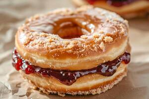 AI generated Closeup of a sweet jelly and peanut butter filled glazed donut with sugar topping photo