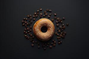 AI generated Espresso donut surrounded by aromatic coffee beans on dark background photo