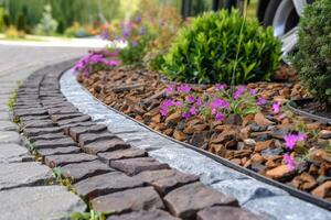 ai generado paisajismo jardín ruta con flores y decorativo piedras muestra al aire libre belleza y diseño foto