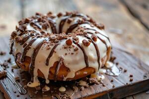 AI generated Vegan donut with chocolate icing and sweet topping on a rustic wooden board photo