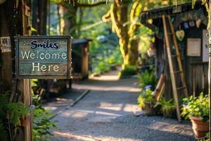 AI generated A rustic wooden sign that reads Smile We Come Here is displayed prominently, inviting visitors to bring joy and positivity to the space. photo