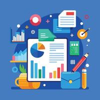 Flat design modern vector illustration concept of analyzing financial data. Data analysis, business strategyeting research, project management, financial report.