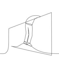 man hanging on the wall with his feet towards the viewer - one line drawing. human body hanging from the wall, concept of depression, suicidal tendencies, fatigue vector