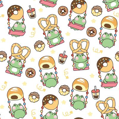 Seamless pattern of cute frog sit on swing dessert and sweet shape on white background.Donut,bread,candy,bubble milk tea hand drawn.Reptile animal character cartoon design.Kawaii.Vector.Illllustration