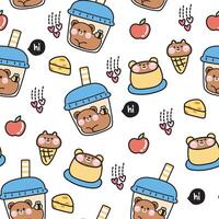 Seamless pattern of cute teddy bear in various shape of sweet and dessert bakground.Cheese,apple,heart,bubble milk tea,pudding,ice cream,hi text.Animal cartoon design.Kawaii.Vector.Illustration vector