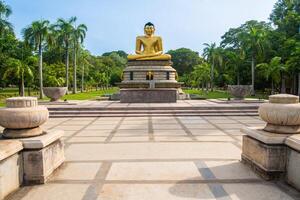 An iconic golden Buddha statue in Viharamahadevi Park a public park located in Colombo, Sri Lanka. photo