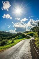 ai generado soleado día terminado un curvo país la carretera en un lozano verde paisaje foto