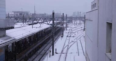 un lento movimiento de que cae nieve a el estación en tokio video