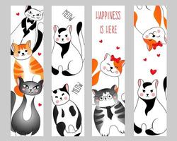 Set bookmarks with many different  red, grey, black and white cats on white background. Vector illustration for children.