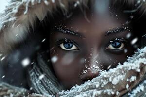 AI generated Joyful African girl winter snow. Generate Ai photo