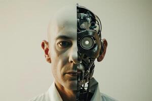 AI generated Metallic Bald man half robot. Generate ai photo