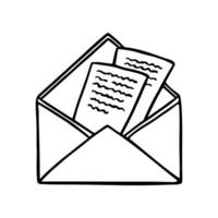 Opened envelope with correspondence. Outline hand drawn doodle symbol of letter. Received or send mail vector