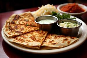 AI generated Tasty and appetizing mexican quesadillas. delicious and mouthwatering traditional dishes photo