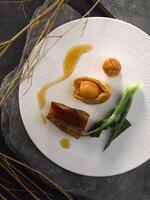 Braised Whole Abalone with Conpoy and Fish Maw in Brown Sauce served in dish isolated on table top view of food photo