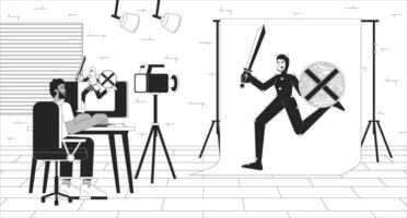 vídeo juego desarrollo negro y blanco línea ilustración. web diseñador con Actriz en límite de movimiento traje 2d caracteres monocromo antecedentes. personaje creando proceso contorno escena vector imagen