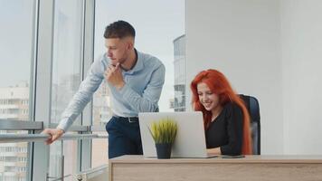 oficina trabajadores generar ideas en el oficina y trabajo con un ordenador portátil. contento emociones Guías el flujo de trabajo. hombre y mujer de caucásico nacionalidad. video