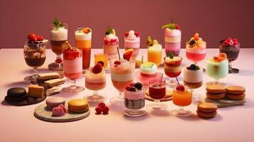 AI generated a variety of desserts are arranged on a table photo