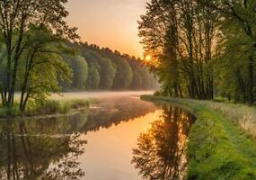 ai generado hermosa paisaje de atardecer, bosque borde y agua cuerpo. foto