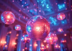 AI generated Disco balls hang from the ceiling of a party. Mirrorballs and disco balls hanging from the ceiling in nightclub photo