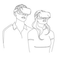 Man and woman wear digital virtual reality glasses Line art drawing.Virtual reality VR goggle on metaverse digital cyber world technology.Vector illustration vector