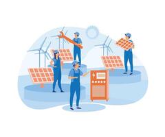 Solar energy system concept. Installing solar modules. Field service technician, worker, engineer and manager. Scene with professional team and panels. flat vector modern illustration