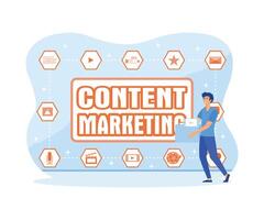 Content Marketing and Blogging concept. A man carries a large folder with media files. Creating, marketing and sharing of digital. flat vector modern illustration