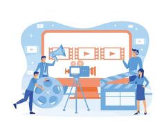 Business Concept Motion Design Studio. Teamwork of Clerks, Designer, Editor, Director on individual ontent. Businessmen Create and promote their own Trend. flat vector modern illustration