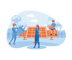 alternativa energía recurso con solar paneles, solar panel poder y ingeniero personaje. verde y ambientalmente simpático energía. plano vector moderno ilustración