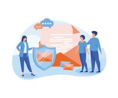 Encrypted, secure messenger concept. People stand near big shield, email letters, messages. Poster for social media, web page, banner, presentation. flat vector modern illustration