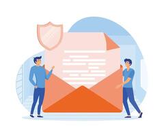 Secure, encrypted messages, emails. Two people stand near big envelope, letter with shield. flat vector modern illustration