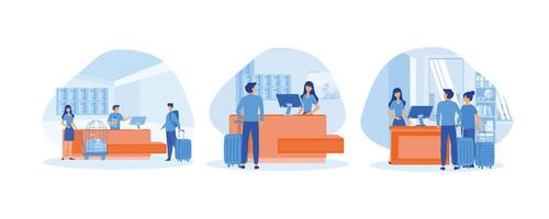 Hotel reception concept. Male customer standing at reception desk and talking to female receptionist. Scene of a visit to a service center. Set flat vector modern illustration