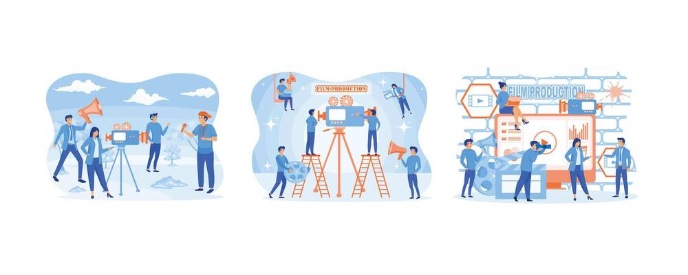 Film Production concept. Making movie, video production landing page template. Filmmaking online course can use for, landing page. Set flat vector modern illustration