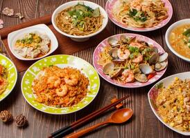 Taiwan food variety Kimchi Fried Rice, Nine Spice Clam Pasta, shredded pork, Red Oil Chao Shou, Sesame noodles, Fried Noodles with Shrimp, hot and sour soup photo