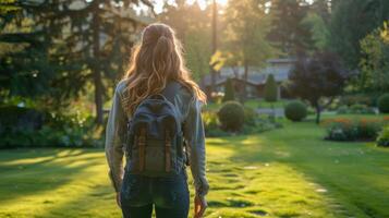 AI generated Woman Walking With Backpack on Path photo